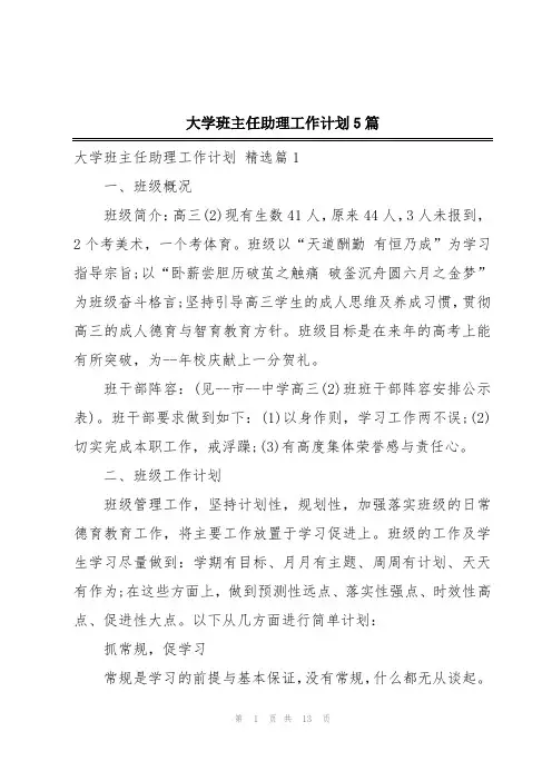 大学班主任助理工作计划5篇