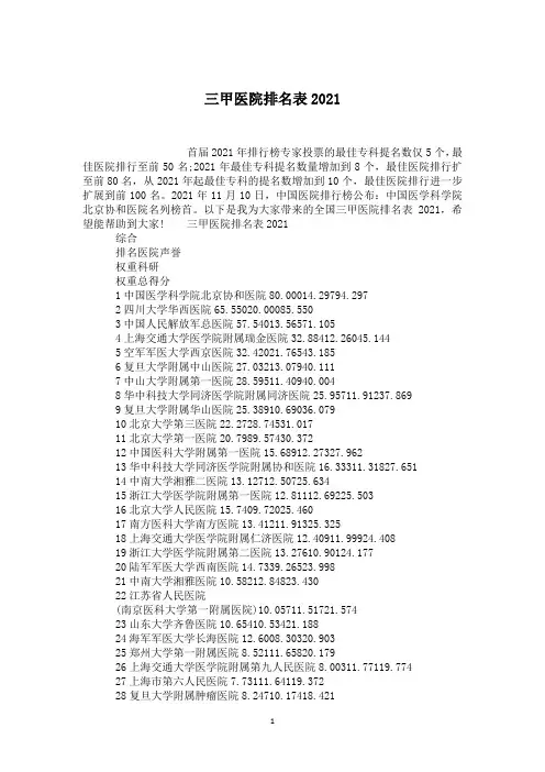 三甲医院排名表2021