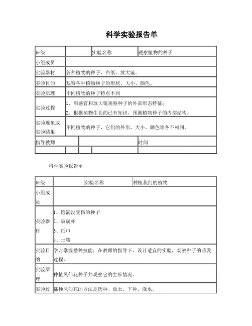 教科版三年级下册科学实验报告单