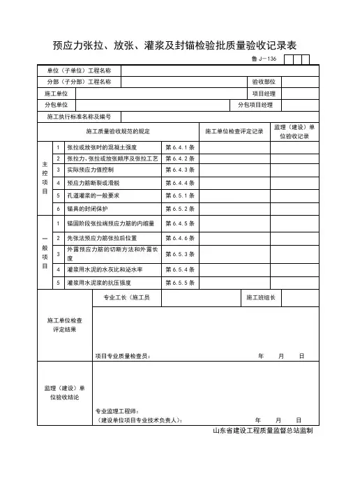 JJ136预应力张拉、放张、灌浆及封锚检验批质量验收记录表