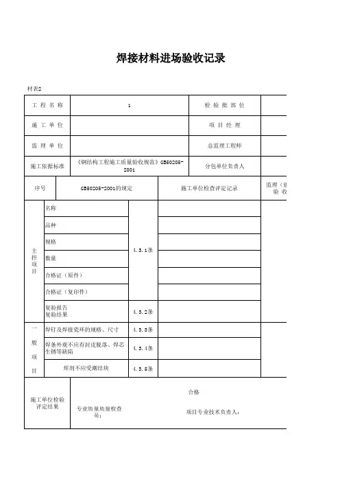焊接材料进场验收记录