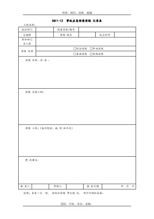 事故应急预案演练记录表模板