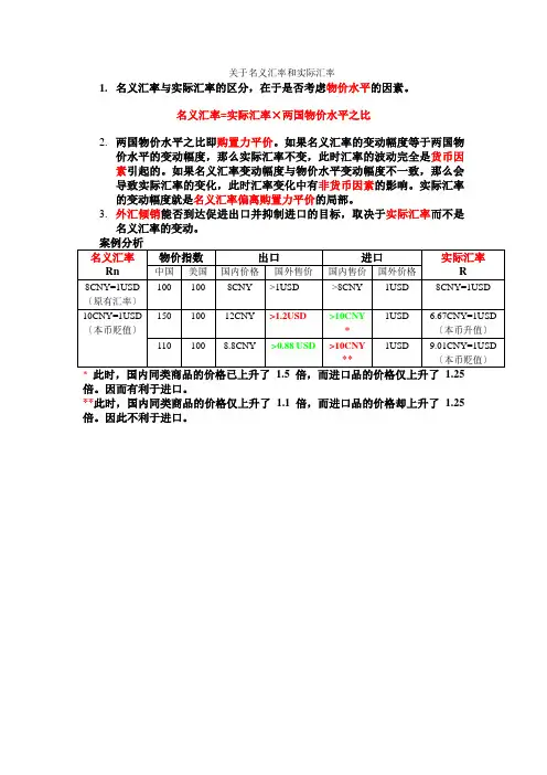 关于名义汇率和实际汇率