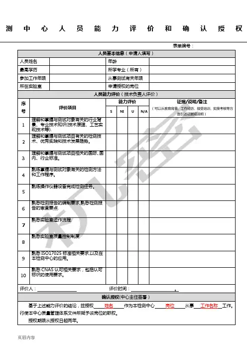 检测中心人员能力评价和确认授权表格模板【范本模板】