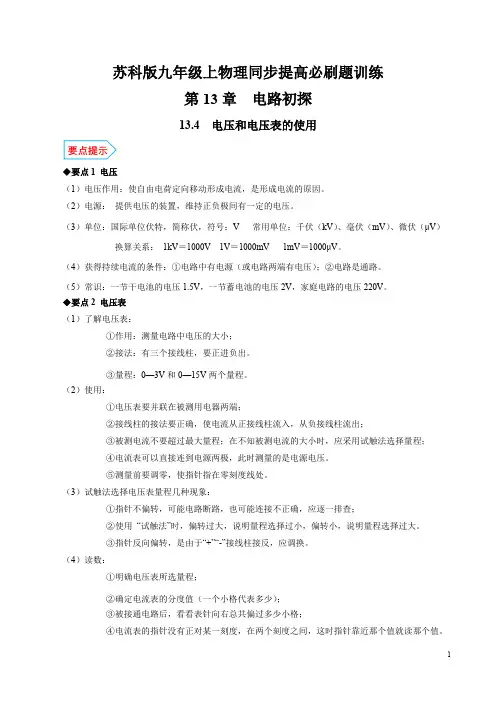 专题13.4 电压和电压表的使用经典题型训练  知识点总结