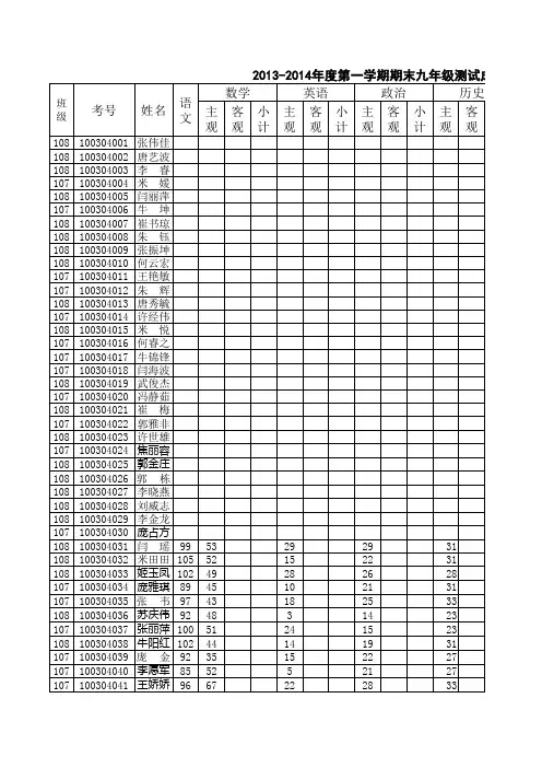 2013-2014年第一学期七、八年级期末考试成绩登记表1