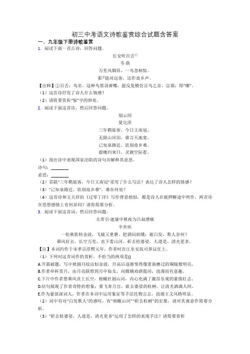 初三中考语文诗歌鉴赏综合试题含答案