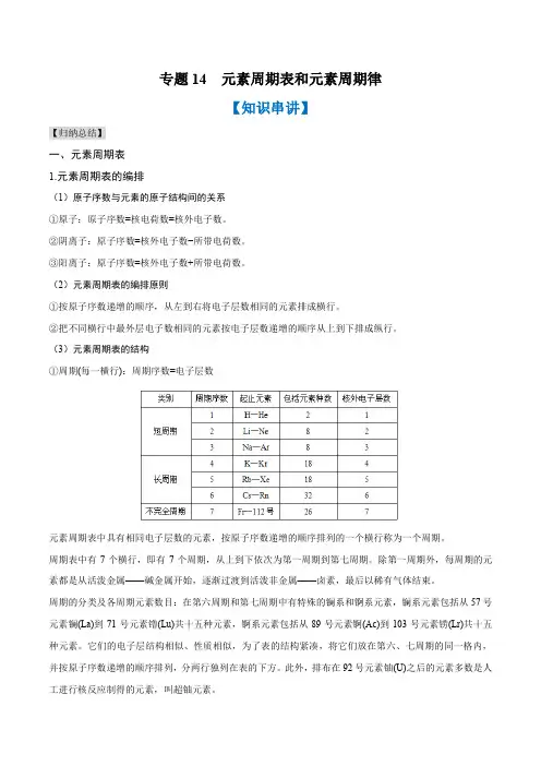 专题14 元素周期表和元素周期律(知识串讲+专题过关)-2022-2023学年高一化学上学