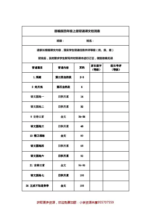 部编版四年级语文上册课文背诵闯关表及必背内容汇总