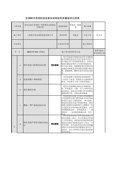 空调制冷系统机组设备安装检验批质量验收记录表