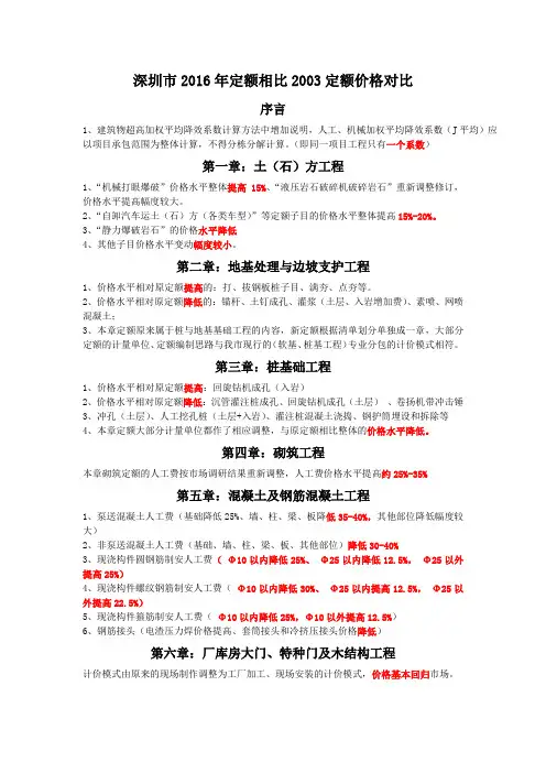 深圳市2016年定额相比2003定额价格对比