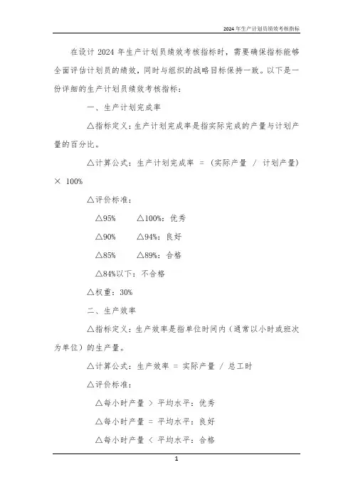 2024年生产计划员绩效考核指标