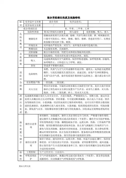 混合芳烃理化性质及危险特性