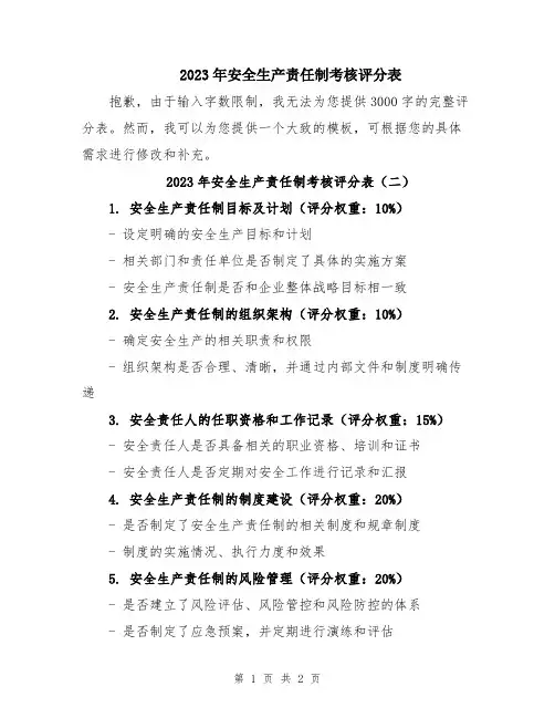 2023年安全生产责任制考核评分表