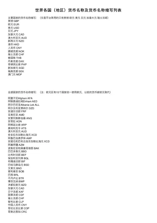 世界各国（地区）货币名称及货币名称缩写列表