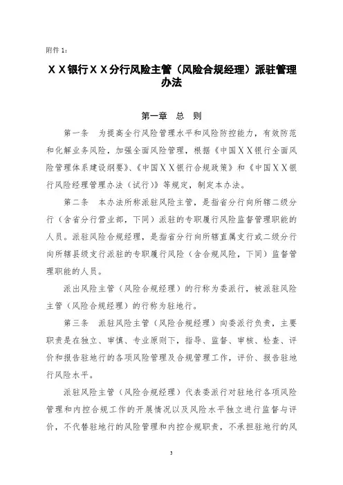 银行ⅩⅩ分行风险主管(风险合规经理)派驻管理办法