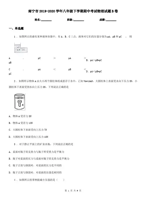 南宁市2019-2020学年八年级下学期期中考试物理试题B卷