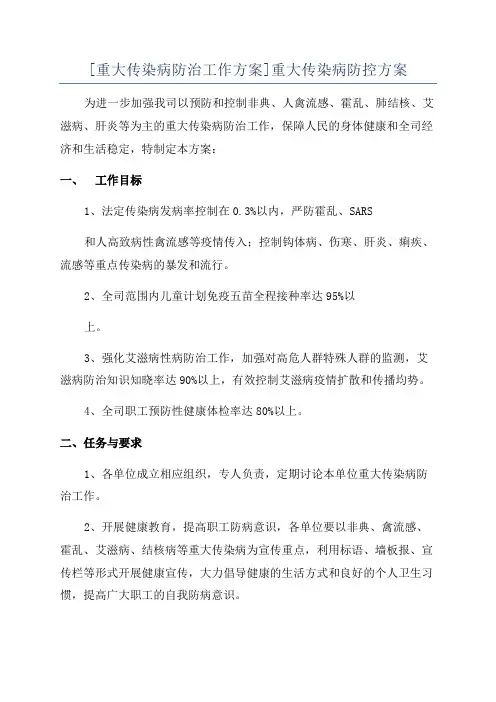 [重大传染病防治工作方案]重大传染病防控方案