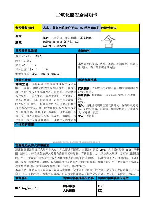 二氧化硫安全周知卡、职业病危害告知卡、理化特性表