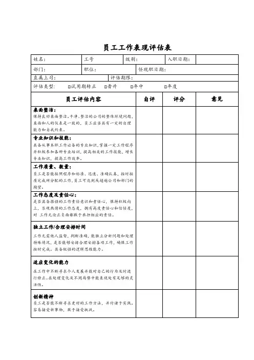 员工工作表现评估表-优秀员工新