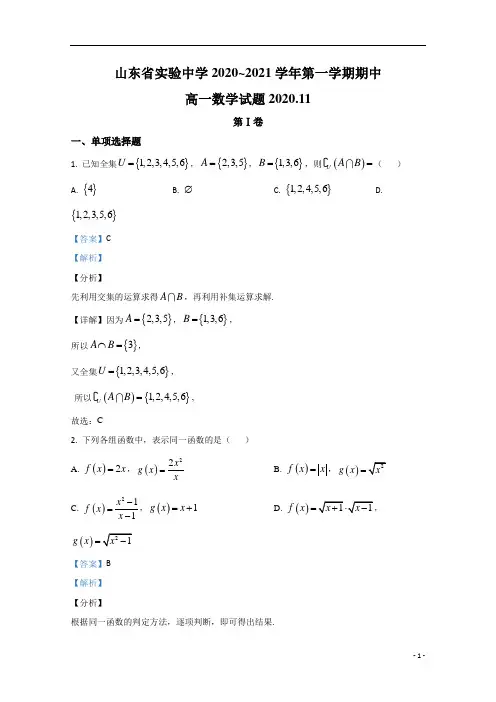 【精准解析】山东省实验中学2020-2021学年上学期期中考试高一数学试卷 
