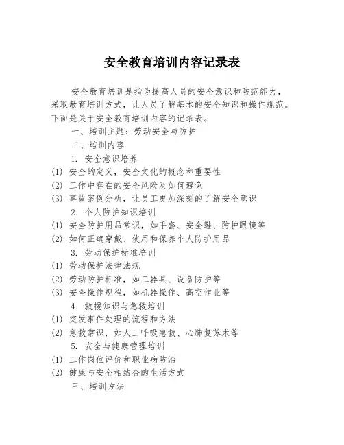 安全教育培训内容记录表