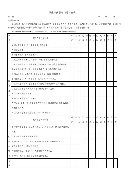中学生评价教师问卷调查表