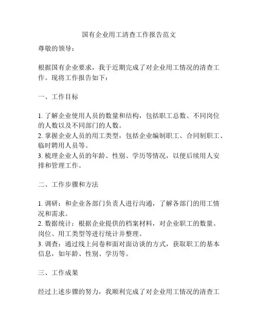 国有企业用工清查工作报告范文