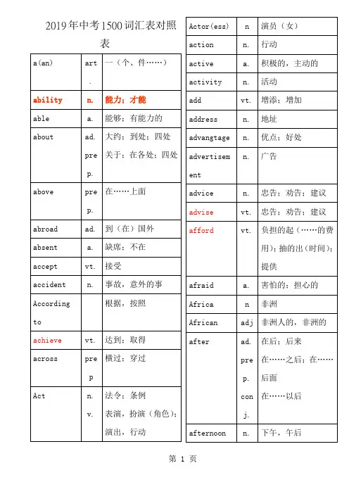 中考1500必备英语词汇