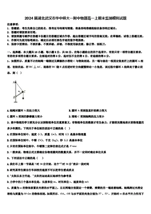 2024届湖北武汉市华中师大一附中物理高一上期末监测模拟试题含解析