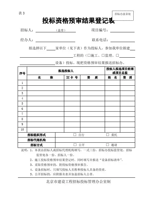 投标资格预审结果登记表 表
