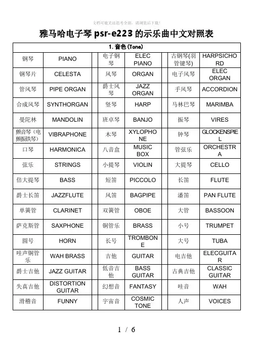 雅马哈电子琴音色对照表
