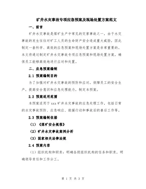 矿井水灾事故专项应急预案及现场处置方案范文