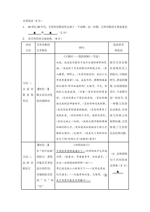名著阅读《艾青诗选》阅读答案
