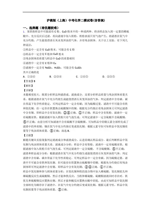 沪教版(上海)中考化学二模试卷(含答案)