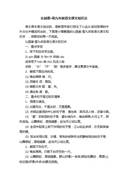 沁园春·雪九年级语文课文知识点