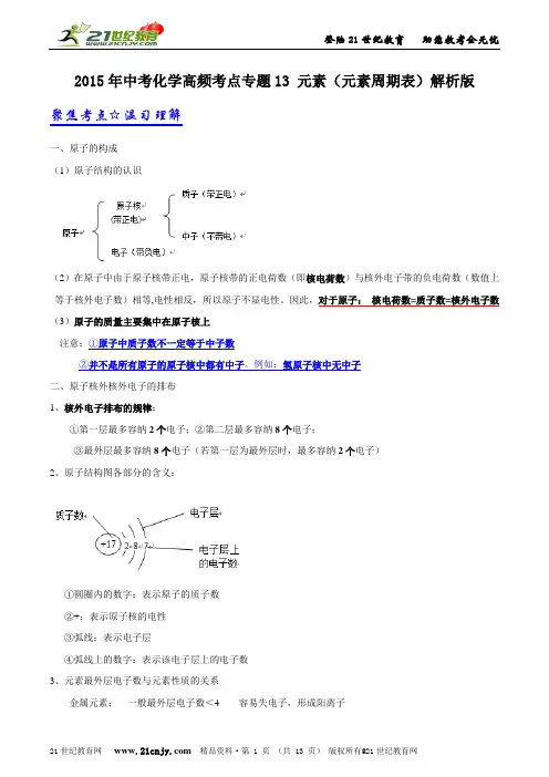 中考化学高频考点专题13 元素（元素周期表）