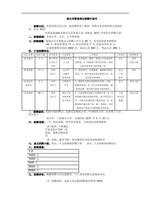某公司管理培生招聘计划书