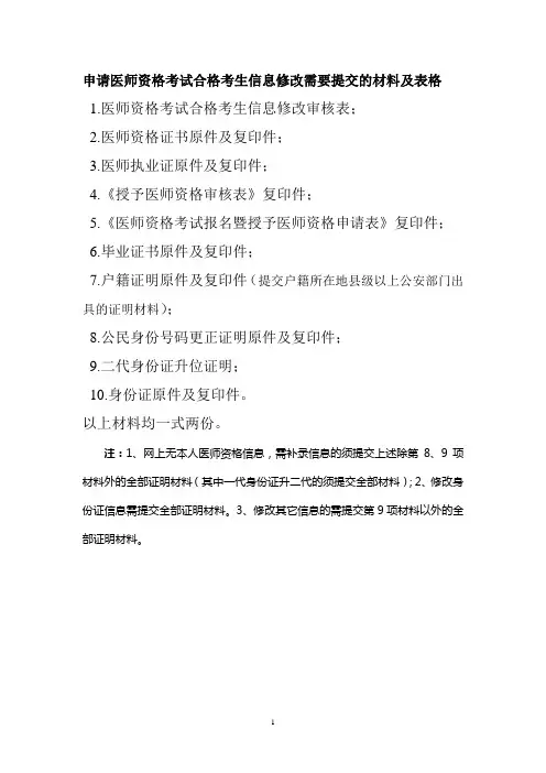 申请医师资格考试合格考生信息修改需要提交的材料及表格