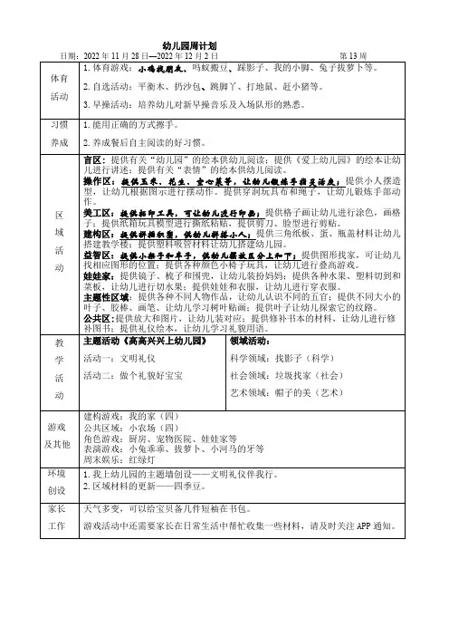 幼儿园小班第13周计划