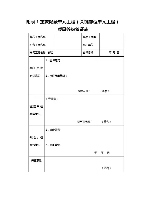 单位工程、分部工程、重要隐蔽单元工程质量等级签证表