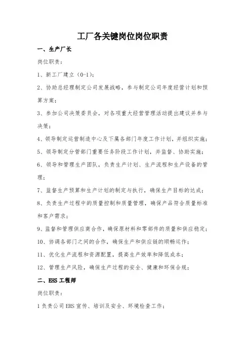 工厂各关键岗位岗位职责