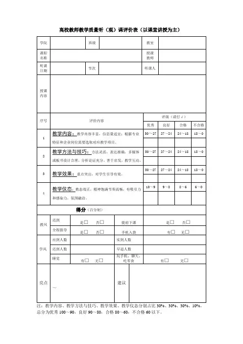 高校教师教学质量听(观)课评价表