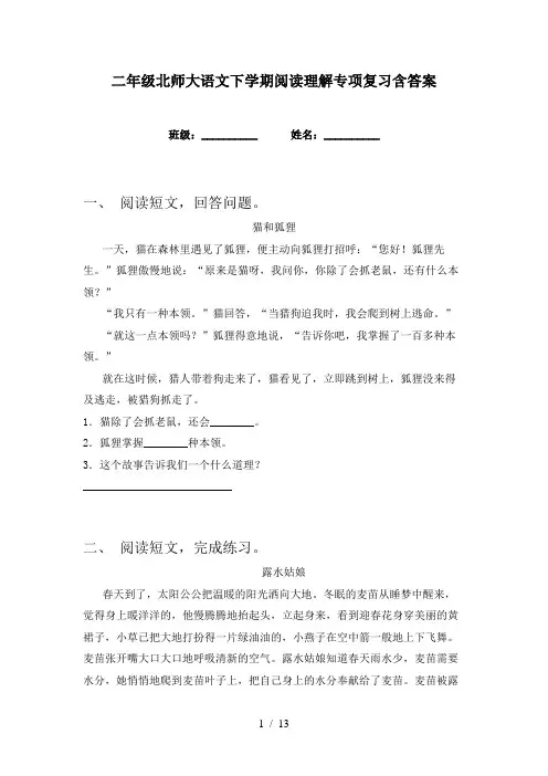 二年级北师大语文下学期阅读理解专项复习含答案