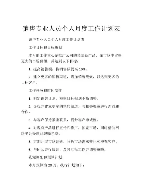 销售专业人员个人月度工作计划表