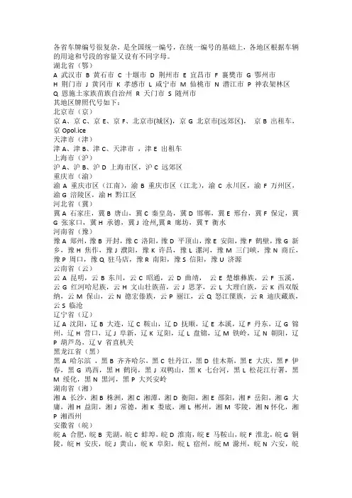 全国各省地市的车牌号