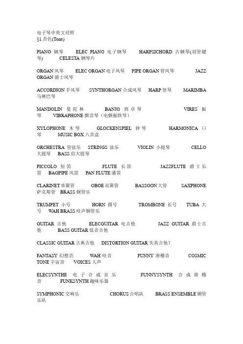电子琴中英文对照
