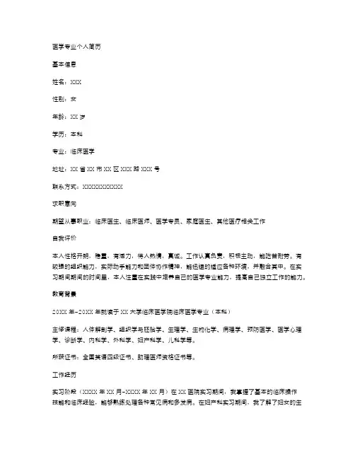 医学专业个人简历空白表格