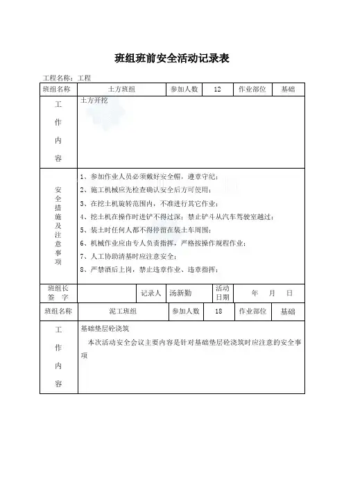 班前安全活动记录表最新范例)