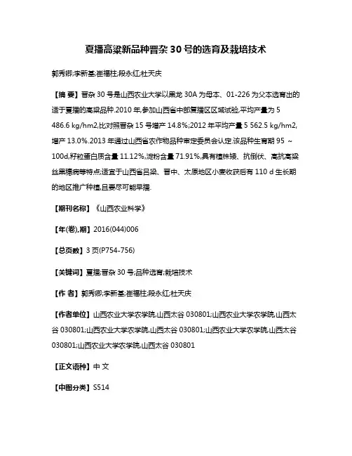 夏播高粱新品种晋杂30号的选育及栽培技术